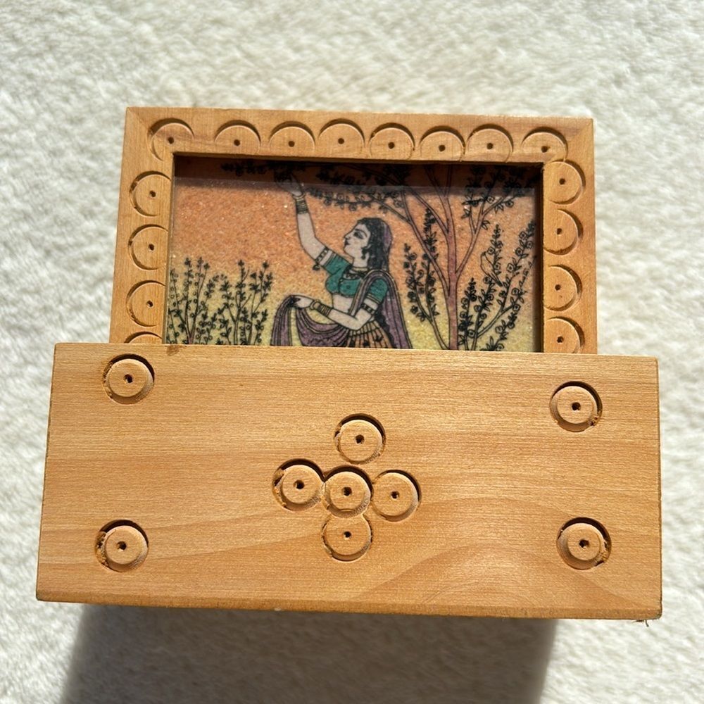 Gemstone Wood Coasters‎ Painted Square Tea India Drink Handmade Wooden Set = 6